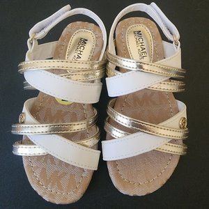 NEW Michael Kors girls / children sandals, white, tan, gold with strap, size 9